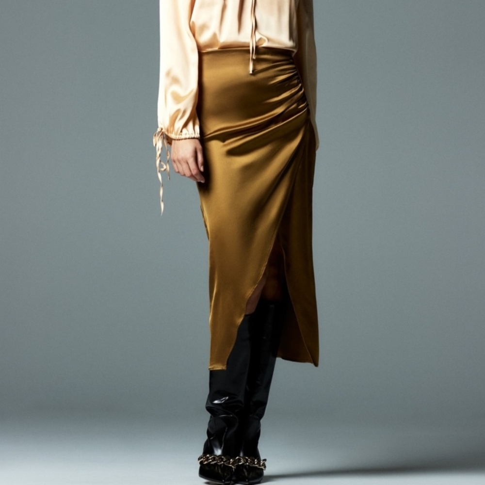 Zara Olive Maxi Wrap Skirt Asymmetrical Ruched